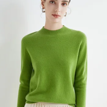 Вълнен пуловер първа линия, готови за чорап, женски свободен пуловер с висока воротом, пролетта и есента основен стил, прости долния топ