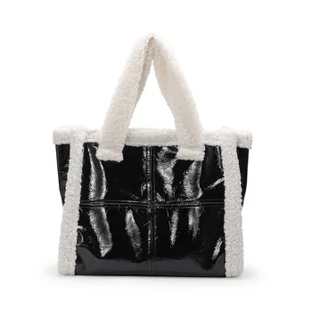 Големи Чанти, Зимните Модни Дамски Чанти от Овче Кожа, Плюшен Чанта през Рамо от Изкуствена Кожа, Черни Дизайнерски Чанти за Жени 2020