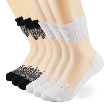 Дамски 6 Двойки ултра тънки Прозрачни Черно-Бели Памучни Дантелен Еластични Къси Чорапи C1S2