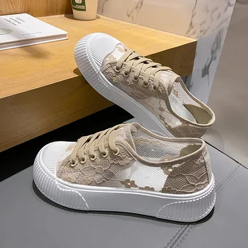 Дамски вулканизированная обувки за лятото на 2022 година, Дишащи дамски обувки от завързана на окото, Дамски Нова Мода Ежедневни обувки на платформа, Дантелени маратонки
