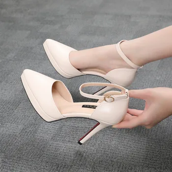 Дамски обувки-лодка 2021 г.; Модни Дамски обувки На платформа и Висок Квадратен Ток; Универсални Обувки за сватба-лодка от изкуствена кожа с остри пръсти