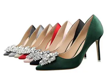 Дамски обувки с кристали На Тънък ток, сватбени обувки на висок ток, Чубрица фини обувки с остър пръсти и блестяща Катарама, 35-43