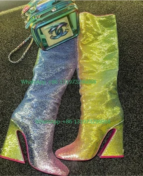 Дамски Цветни Обувки на поломанном ток с пайети, Дизайнерски Обувки, Вечерни обувки в стил пънк, ботуши до Коляното на масивна ток, Размер 43