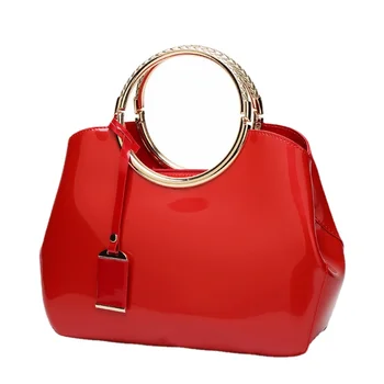 Дамски чанта от лачена кожа с ярко лице, Благородна Въздушна чанта, Модерен дамски чанти с цип от изкуствена кожа Розов цвят