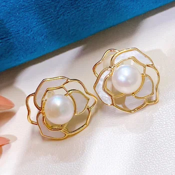 Джейн Бижута 100% Естествени сладководни перли, обици сребро 925 Камелия Дизайн 8-9 мм, Подарък за жена EO