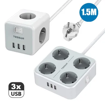 Европейската Изход TESSAN с настолен USB Конектор за включване/Изключване на няколко Контакти удължителен кабел 1,5 Метра/5 фута 5 В/3A 15 W USB Портове