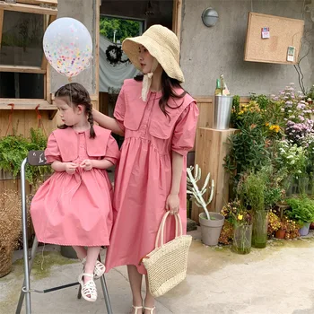 Едни и същи рокли за майка и дъщеря, жена на Жълто-розова Рокля с яка За Момичета, Дрехи 2022 г., Корейска Семейна летни Дрехи