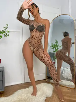 Екзотичен Костюм Боди Секси Жена На Цвета На Кожата С Леопардовым Принтом С Един Ръкав Боди За Краката