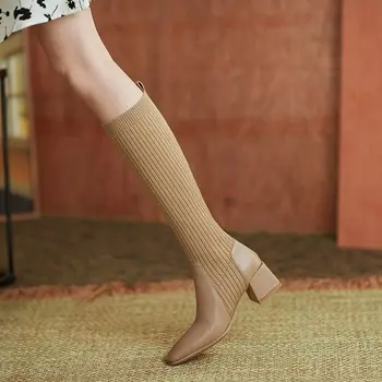 Еластични обувки-чорапи 2021, дамски модни ботуши с квадратни пръсти, високи ботуши до коляното на дебелите ток, нови тънки и по-тънки дамски ботуши