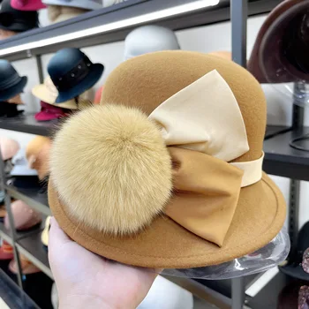 Есен/Зима 2022, нова негабаритная шапка с лък лисьей вълна, дамски модни универсална австралийска вълна горната шапка, шапка фетровая