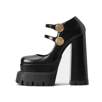 Есента 22, дамски нова стилна двупластова водоустойчив обувки с квадратни пръсти на платформа, нескользящая, на дебелите ток, големи тънки обувки Mary Jane в ретро стил
