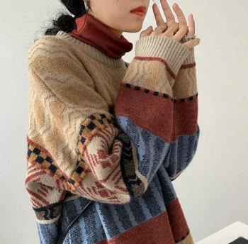 жена пуловер Есен-Зима, Реколта Сладък Пуловер С Кръгло Деколте, Геометрични, Запазването на Топлина Пуловери Y2k За Жени, Свободни