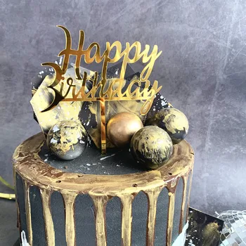 Златен Черен честит Рожден Ден Торта Topper САМ Акрилни Десерт Обличам Вечерни Аксесоари Cupcake в цилиндър за Декорация на Партита G