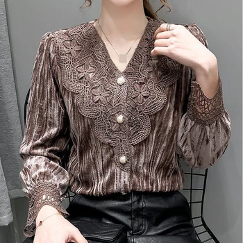 Златна риза кадифе жена с дълги ръкави 2021 есен нов стил на свободно завързана отгоре с V-образно деколте и с пищните ръкави tide дамски блузи blusa
