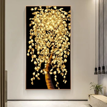 Златното Дърво Художествена Картина Върху Платно, Постери с Паричен Дърво и Щампи Куадрос Стенни Художествени Картини за Хола Декорация на Дома, Без Рамка