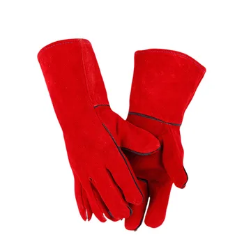 Кожени ръкавици Тъмно-червени Ръкавици за почистване на каминных печки, Заварени шевове заваръчни ръкавици с дълга подплата, изключително топло