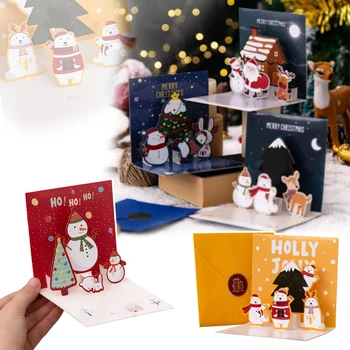 Коледна картичка 3D Поп Дядо коледа, Снежен човек Изпращане на Семейството и Приятелите си Благодарствени Картички 2023 Коледната Украса Подаръци, Поздравителни Картички
