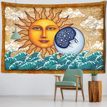Кошмарен Гоблен с Изображение на Слънцето и Луната, монтиран на стената Ins Стил, Японската Релефна Живопис, Бохем Начало Декор
