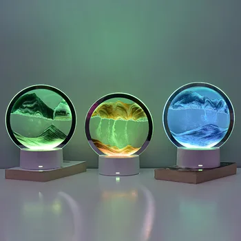 Креативен Бърз лека нощ от 7 Цветя USB Настолна Лампа с Изглед към Пясъка, движещ Се Пясък Арт, Пясъчен Часовник, Кръгло Стъкло, Начало Декор