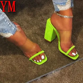 Летни дамски обувки прозрачни сандали от PVC висок ток помпи дамски чехли през деня отворени пръсти дебел ток Модни дамски пързалки