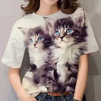 Модерна Дамска Тениска Harajuku С 3D Принтом котка, Лятна Тениска с Кръгло Деколте и Къс ръкав, Ежедневни Градинска Дрехи, Топ, Дамски тениски, Дрехи
