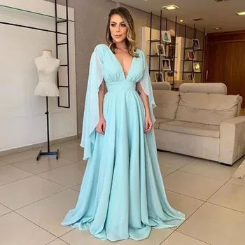 Модерни скай-сини рокли за майката на булката, Шифоновые сватбени рокли за партита Трапецовидна форма с V-образно деколте рокля за майката, поступившее в продажба през 2022 г.