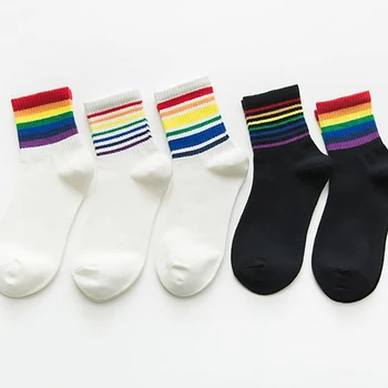 Мъже, Жени унисекс Дъга бели чорапи и черни памучни чорапи на райета хип-хоп мода Харадзюку скейтборд хип-хоп къси чорапи meias Сокс Сокс