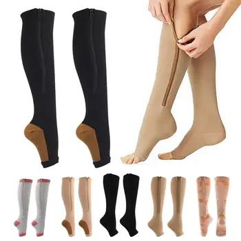 Мъжки И Женски Компресия Чорапи с цип, Поддържащи Крака, Унисекс, Чорапи До Коляното С Отворени Пръсти