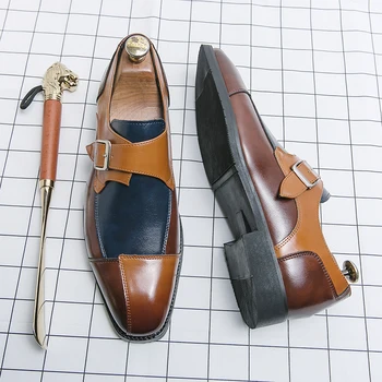 Мъжки модел обувки, Официалната Мъжки дизайнерски обувки Монк, италиански Обувки-Oxfords За Мъже, Сватбена Рокля, Маркови Кожени Двойни Катарами, кафяв