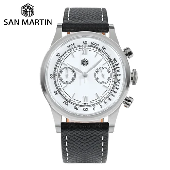 Мъжки часовник San Martin 38 мм, Класически Кварцови Часовници с Хронограф, Луксозни Часовник с Римски Цифри, Механичен син сапфир Циферблат, 5 Бара