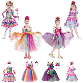 Ново Модно Принцеса Рокля с Дъга бонбони За Малки Момичета, Детски Празничен Костюм за Хелоуин, Цветна Топка Рокля, Бебешко Облекло от 2 до 12 Години