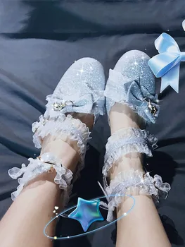 Обувки Лолита с лък ток японската чайна парти Аниме cosplay японски сладки Лолита обувки с полукръгла глава 4 см нисък ток дантела, обувки Kawai 