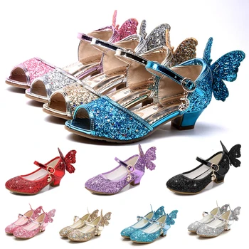 Принцеса Детски Кожени Обувки за Момичета Цвете Ежедневни Лъскава Детски Обувки На Висок Ток За Момичета Пеперуда Възел Синьо, Розово, Сребристо