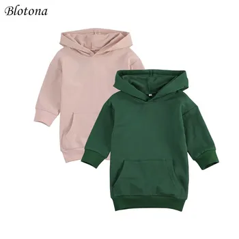 Рокля-пуловер с дълги ръкави за малки момичета Blotona, Обикновен Пуловер с качулка и джоб, Есен-зима на Топло топ за деца от 1 до 5 години