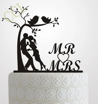 Сватбена торта Topper Силуета на Булката и Младоженеца, Елегантен и романтичен, г-Н и г-жа С Дърво и птици Торта Topper сватбена идея