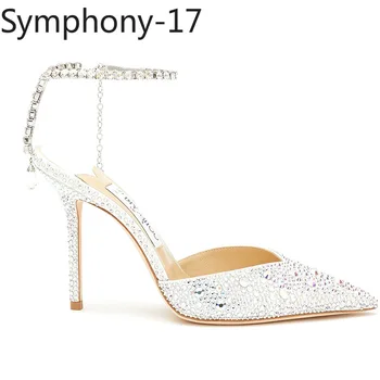 Симфония посочи високи токчета планински кристал веригата Crystal сандали жени обувки лодка с каишка на щиколотке сватбени обувки вечерни сватбени сандали 