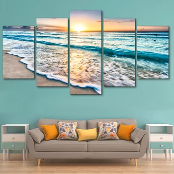 Стенни картина на Изкуството HD Печат на Картини Модулни Плакати, Картини на Платно 5 Панели на Вълните На плажа На Залез слънце Морски Пейзаж Начало Декор Модерен