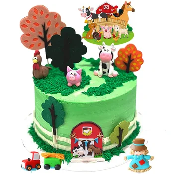 Торта Topper Ферма Рожден Ден Торта Обстановка Селскостопанско Животно Cupcake Трактор, Крава Гъби Петел Овца Празничен Къща Бебешки Аксесоари