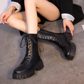 Универсални дамски обувки 2022, Нови есенно-зимни ботуши на финия сечение с дебело дъно, тънки женски ботуши на средна дължина