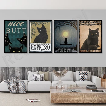 Черна котка здравейте, тъмен, моят стар приятел, плакат на черна котка, плакат, луната, подарък за фен на котките, декорация на стените в спалнята, черна котка може да