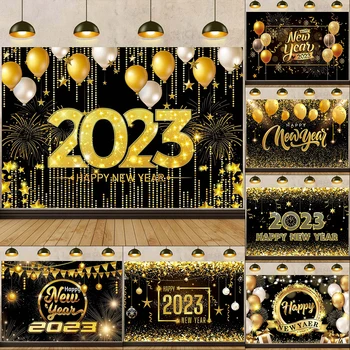 Черно Златен Фон честита Нова Година 2023, Лъскави Часовници, Декор за Коледно Парти, на Фона На Фотография, Детски Коледен Реквизит За Фотосесия