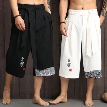 Японски Традиционните Панталони-кимоно, Мъжки Азиатски Облекло, Бански, Панталони, Свободни Панталони Юката В Японски Стил, Памучни Ленени Скъсяване на Панталон